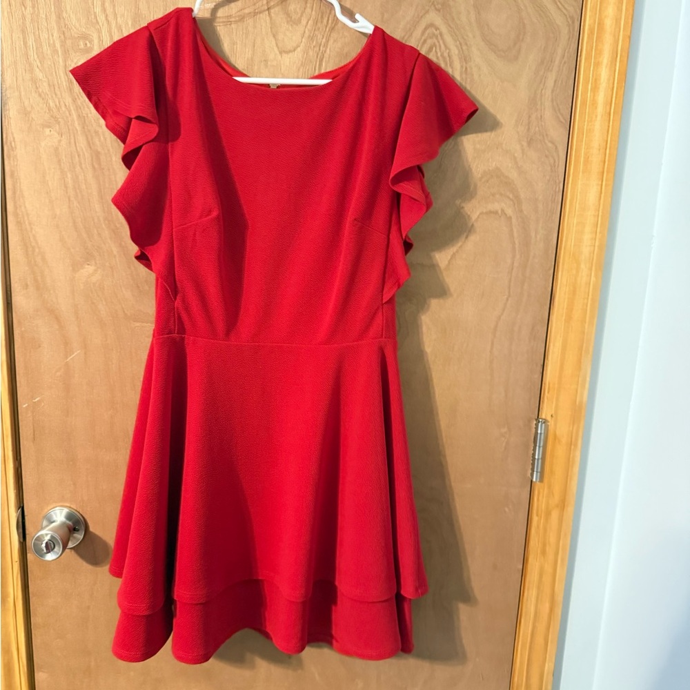 Red Fit and Flare Cocktail Dress with Flutter Sleeves